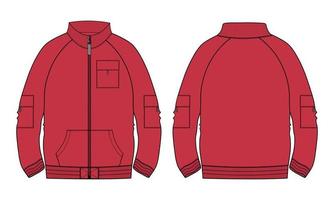 giacca a maniche lunghe tecnica moda schizzo piatto illustrazione vettoriale modello di colore rosso viste anteriore e posteriore.