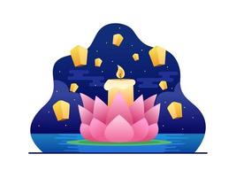 illustrazione di vesak con fiore di loto e candela che galleggia nell'acqua. illustrazione di waisak con fiore di loto, lanterna e lanterna leggera di notte. può essere utilizzato per biglietti di auguri, cartoline, web, ecc. vettore