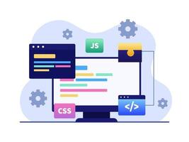 illustrazione dello sviluppo web e della codifica nel computer. schermo con codici. processo di sviluppo per la realizzazione di un sito web. può essere utilizzato per il web, la pagina di destinazione, l'animazione, la presentazione, ecc. vettore