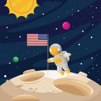 giornata nazionale della luna con astronauta e bandiera americana vettore