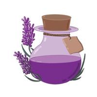 bottiglia di vetro con olio aromatico di lavanda e fiori di lavanda, olio lubrificante per massaggi, aromaterapia, relax, vettore