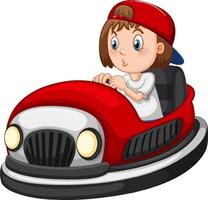 una ragazza alla guida di un'auto paraurti su sfondo bianco vettore