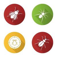 set di icone del glifo con ombra lunga design piatto di controllo dei parassiti. bersaglio dell'acaro, scarabeo di terra, ragno, mosca domestica. illustrazione della siluetta di vettore