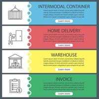 set di modelli di banner web di spedizione merci. container intermodale, consegna a domicilio, magazzino, fattura. voci di menu a colori del sito Web con icone lineari. concetti di progettazione di intestazioni vettoriali