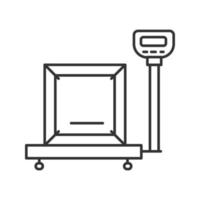 icona lineare della bilancia del pacco. pesatura del carico. illustrazione al tratto sottile. simbolo di contorno. disegno di contorno isolato vettoriale