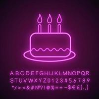 icona della luce al neon della torta di compleanno. segno luminoso con alfabeto, numeri e simboli. illustrazione vettoriale isolato