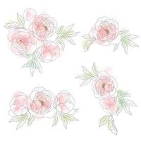 collezione di elementi del bouquet di fiori di peonia di arte della linea di doodle dell'acquerello sciolto vettore
