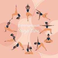 21 giugno - illustrazione della giornata internazionale dello yoga. striscione. illustrazione vettoriale esercizi di yoga. sagome di donne impostate. yoga in studio