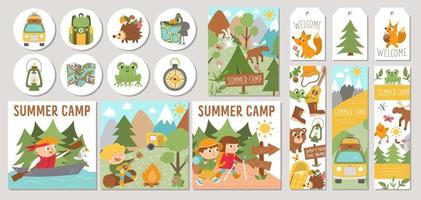simpatico set di carte per campi estivi con animali della foresta, elementi da campeggio e bambini. modelli di stampa quadrati, rotondi e verticali vettoriali. progettazione di vacanze attive o turismo locale per tag, cartoline, annunci vettore