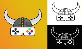 logo futuristico del casco vichingo. Combinazione di casco vichingo e console di gioco, perfetta per negozio di giochi, sviluppatore di giochi, blog di recensioni di giochi o canale vlog, fan o community di giochi, ecc. vettore