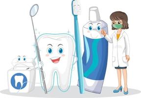 dentista e attrezzature per la pulizia dentale su sfondo bianco