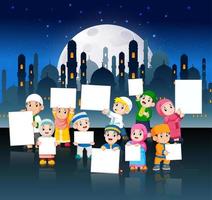 i bambini tengono il loro striscione bianco nella città di notte vettore