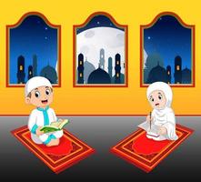 i due bambini stanno leggendo al quran sul loro tappeto da preghiera vicino alla finestra vettore