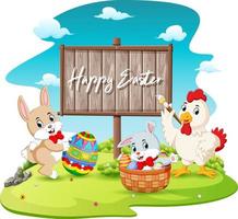 felice coniglietto e gallo pittura uovo con sfondo di legno bianco segno vettore