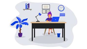 donna con laptop, studio o concetto di lavoro. tavolo con libri, lampada, albero. disegno di illustrazione vettoriale