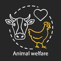 benessere degli animali, icona del concetto di gesso per la cura. idea volontaria di protezione della fauna selvatica. simbolo del cuore, illustrazione isolata della lavagna del vettore del pollo e della mucca. clinica veterinaria, logo del rifugio per animali domestici