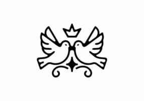 colomba gemella con tatuaggio dell'illustrazione di arte della linea della corona vettore