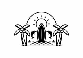 tavola da surf e badge delfini line art vettore