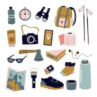 bundle escursionismo campeggio, trekking e backpacking. collezione di articoli per turismo o viaggio zaino, cartina, scarponi, bastoncini da trekking, thermos, carta igienica, binocoli ecc. vettore