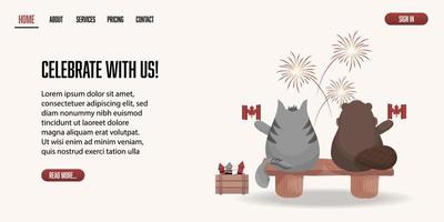 progettazione di pagine web per la celebrazione del giorno del canada con gatto e castoro che guardano fuochi d'artificio, cartoni animati vettore