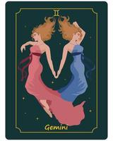 segno zodiacale gemelli, una coppia di belle donne magiche su uno sfondo scuro con stelle. poster astrologico, illustrazione, tarocchi vettore