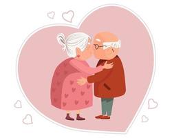 illustrazione, felicità familiare. simpatici nonni si baciano sullo sfondo del cuore. concetto di famiglia. stampa, clip art, vettore