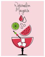 illustrazione, bicchiere con cocktail margarita con succo di anguria, lime e cubetti di ghiaccio. icona, clip art, vettore