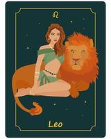 segno zodiacale, una bella donna magica e un leone su uno sfondo scuro con stelle. poster astrologico, illustrazione, tarocchi
