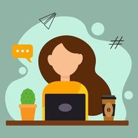 illustrazione, giovane ragazza freelance con laptop, cactus e tazza di caffè. concetto di lavoro online. illustrazione del fumetto, clip art, poster vettore