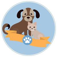 icona dell'ospedale veterinario, simpatico cane e gatto e nastro con stampa della zampa. clip art, logo, design per il trattamento degli animali vettore