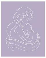 line art, ritratto di una donna con un bambino, una madre con suo figlio, una linea bianca su sfondo lilla. illustrazione, arte della parete, poster vettore