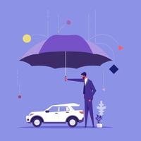 assicurazione auto, protezione contro gli infortuni per veicoli, concetto di servizio di sicurezza o assicurazione, stand di agenti assicurativi con auto sotto lo scudo di protezione dell'ombrello vettore