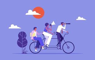 concetto di vettore di lavoro di squadra, un team di tre uomini d'affari in sella a una bicicletta, i partner lavorano insieme per raggiungere obiettivi comuni, metafora della leadership della cooperazione
