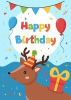 biglietto di auguri di buon compleanno con cervo simpatico cartone animato. animali della foresta. illustrazione vettoriale. vettore