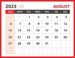 modello agosto 2023, calendario 2023 disegno vettoriale, layout pianificatore, settimana inizia domenica, modello calendario 2023 scrivania, cancelleria. calendario da parete su sfondo rosso, vettore eps 10