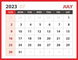 modello luglio 2023, calendario 2023 disegno vettoriale, layout pianificatore, settimana inizia domenica, modello calendario 2023 scrivania, cancelleria. calendario da parete su sfondo rosso, vettore eps 10