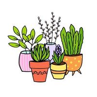 simpatici fiori in vaso doodle schizzo disegnato a mano. piante colorate decorative in vasi e vasi. illustrazione botanica d'epoca. vettore isolato
