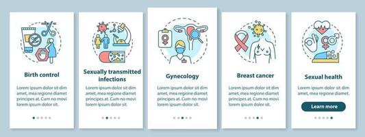 schermata della pagina dell'app mobile per l'onboarding dell'assistenza sanitaria delle donne con concetti lineari. controllo delle nascite, cancro al seno, salute sessuale. procedura dettagliata istruzioni grafiche. ux, ui, modello gui con illustrazioni vettore