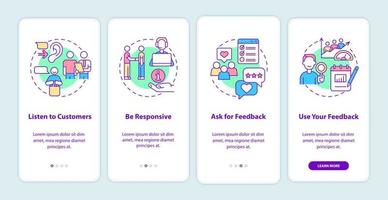 schermata dell'app mobile di onboarding del servizio client. assistenza clienti procedura dettagliata 4 passaggi pagine di istruzioni grafiche con concetti lineari. ui, ux, modello gui. vettore