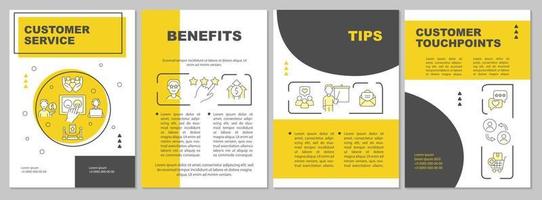 modello di brochure gialla del servizio clienti. vantaggi e consigli. design per la stampa di opuscoli con icone lineari. layout vettoriali per presentazioni, relazioni annuali, annunci.