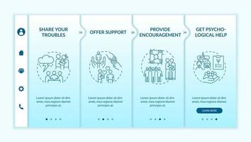 modello di onboarding con gradiente turchese per attività terapeutiche. condividere i problemi. sito Web mobile reattivo con icone concettuali lineari. pagina web procedura dettagliata 4 schermate di passaggio vettore