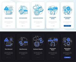 tipi di riparazioni modalità notte e giorno onboarding schermo dell'app mobile. procedura dettagliata 5 passaggi pagine di istruzioni grafiche con concetti lineari. ui, ux, modello gui vettore