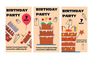 design della carta di compleanno con deliziose torte con le candele. illustrazione vettoriale, modello. vettore