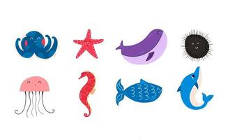 set di simpatiche creature marine. riccio di mare, delfino, stella marina, cavalluccio marino, balena, medusa e pesce. illustrazione vettoriale