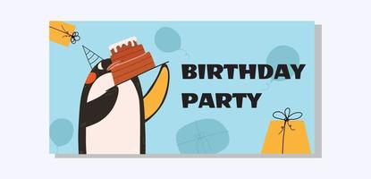 biglietto di auguri di compleanno design piatto o banner con pinguino e torta. illustrazione vettoriale