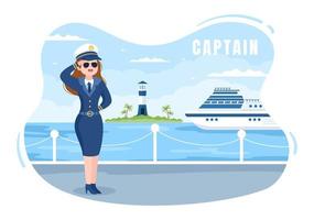 illustrazione del fumetto del capitano della nave da crociera della donna in uniforme del marinaio in sella a una nave, guardando con il binocolo o in piedi sul porto in design piatto