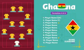 illustrazione vettoriale della fase finale del torneo di calcio 2022 della formazione del ghana. tabella della formazione della squadra nazionale e formazione della squadra sul campo di calcio. bandiere del paese di vettore del torneo di calcio.