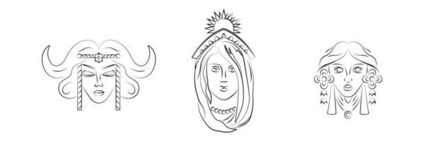 set di personaggi femminili mistici. collezione di donne da favola. volto magico. ritratti simmetrici. Linea artistica. elemento architettonico, ornamento. Illustrazione vettoriale su sfondo bianco