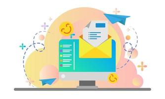 illustrazione dell'e-mail in arrivo con busta aperta e schermo del computer vettore