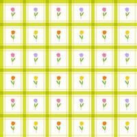 carino tulipano foglia ramo gambo bastone elemento rosa viola lilla viola giallo arancio verde striscia linea a strisce inclinazione a scacchi plaid tartan bufalo scott motivo a quadretti illustrazione carta da imballaggio, picnic vettore